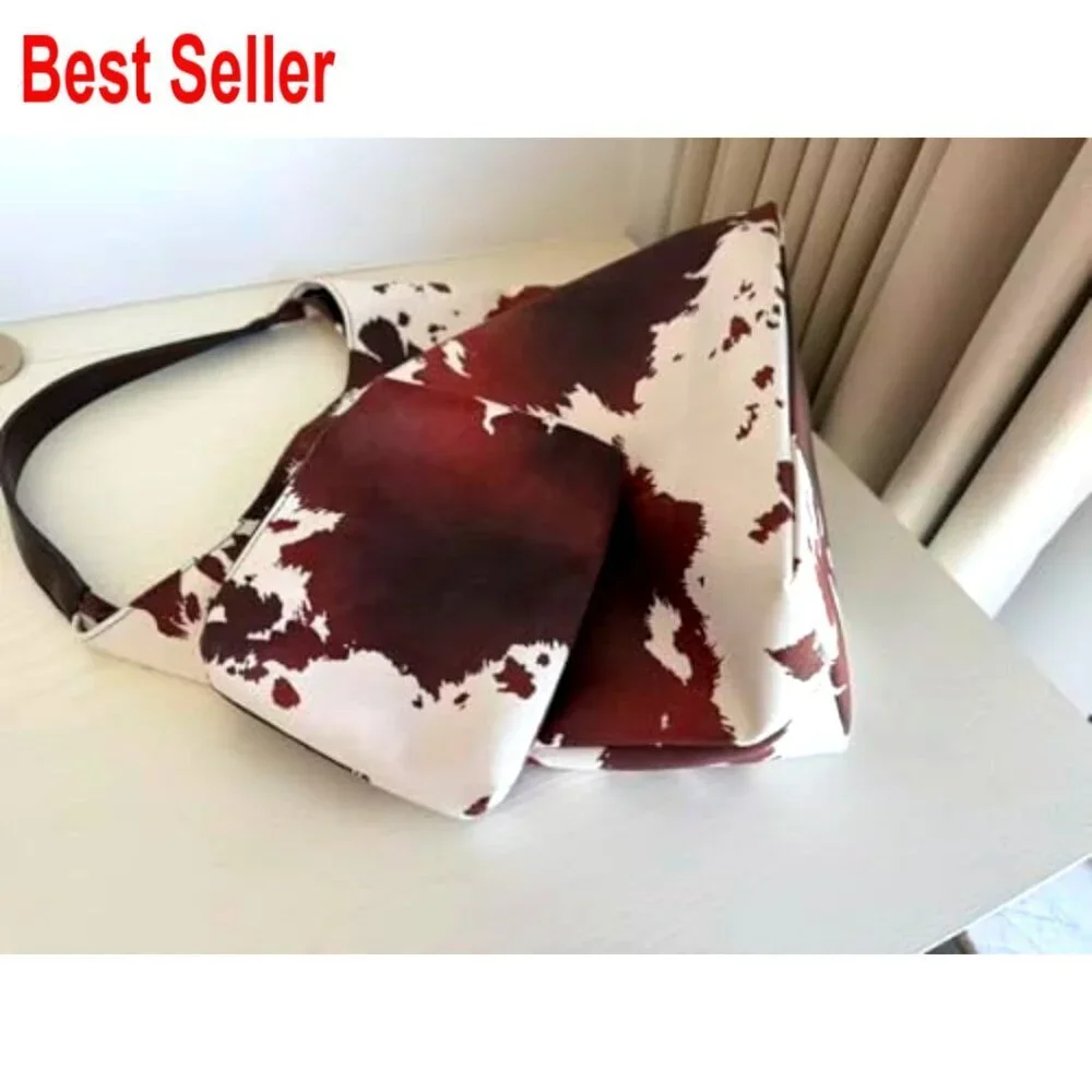 Suede Brown Cow Print Hobo Tote Bag Large Capacity